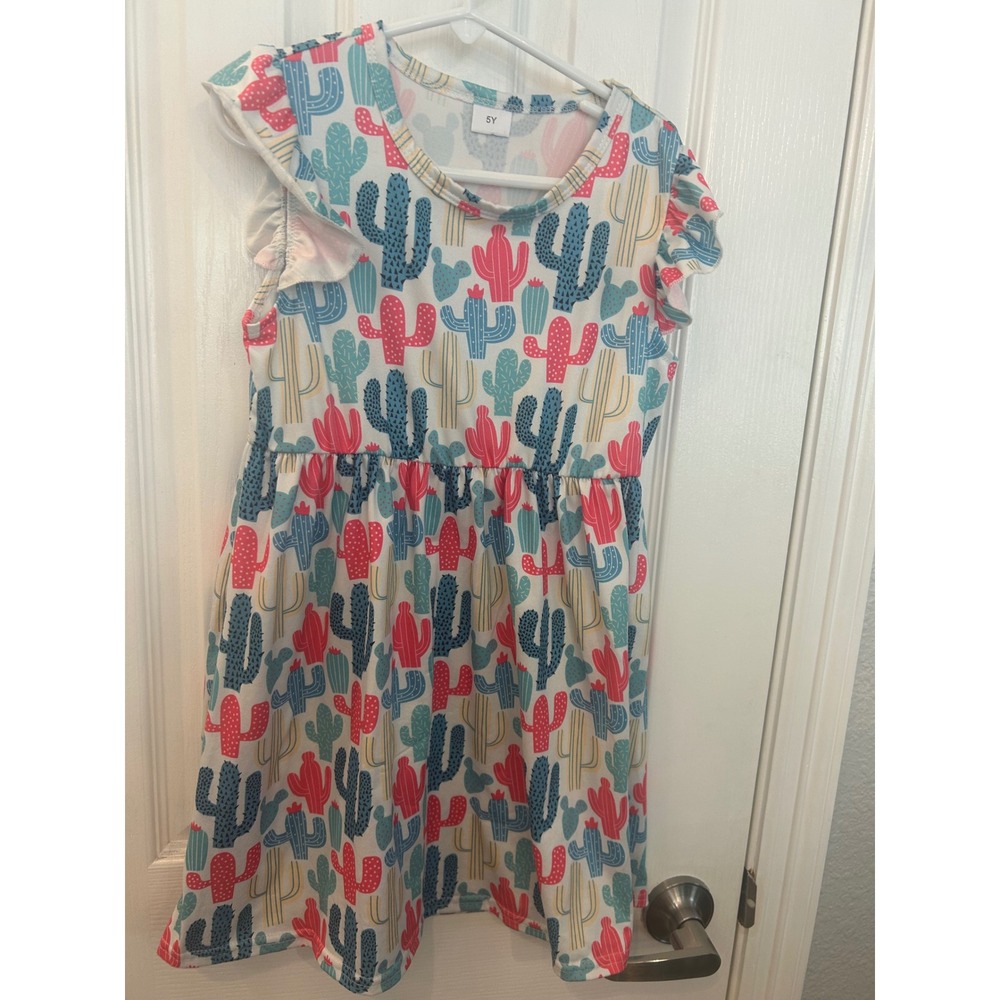 Unbranded Cactus Print Dress Multicolor Flutter Sleeve Ruffle Skirt 5Y‎
